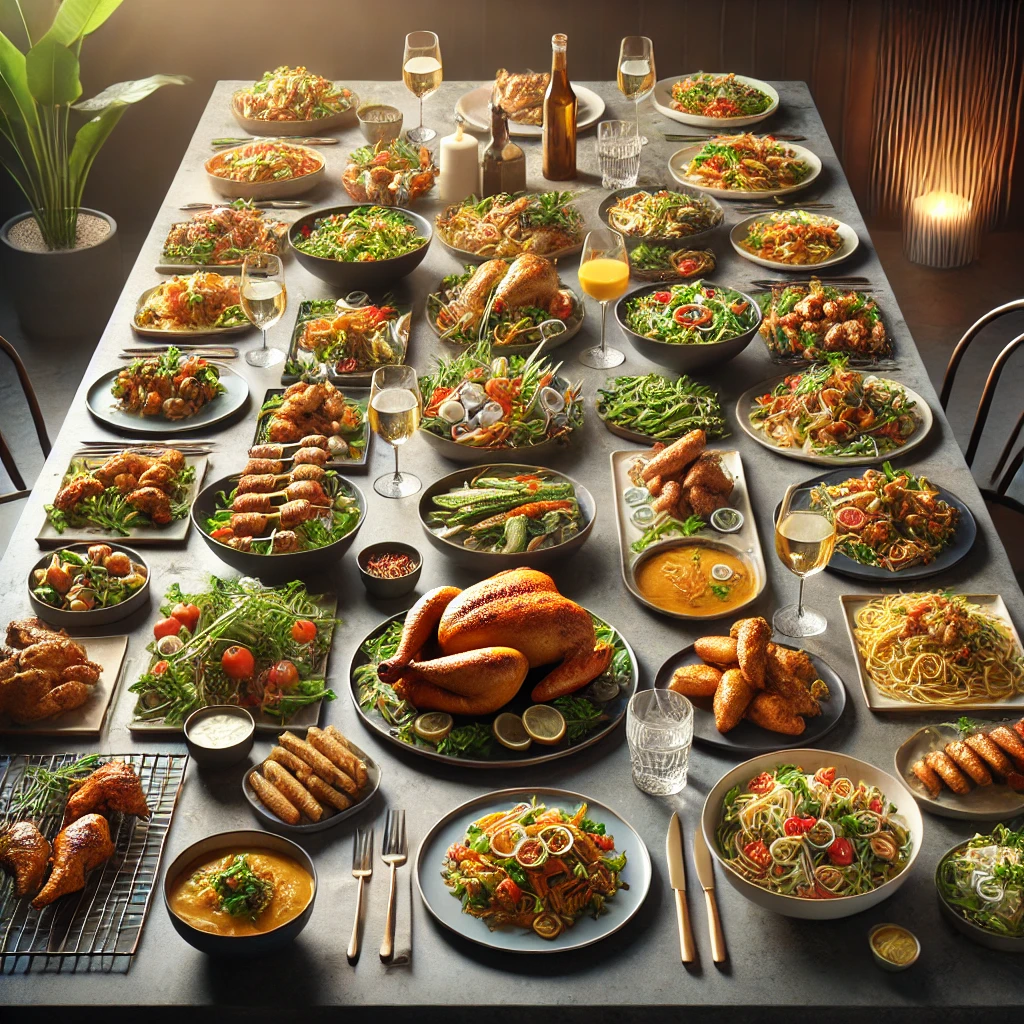 "Stół zastawiony różnorodnymi potrawami z kurczaka, w tym pieczony kurczak, grillowane skrzydełka, sałatki i zupy, udekorowany świeżymi ziołami i warzywami."