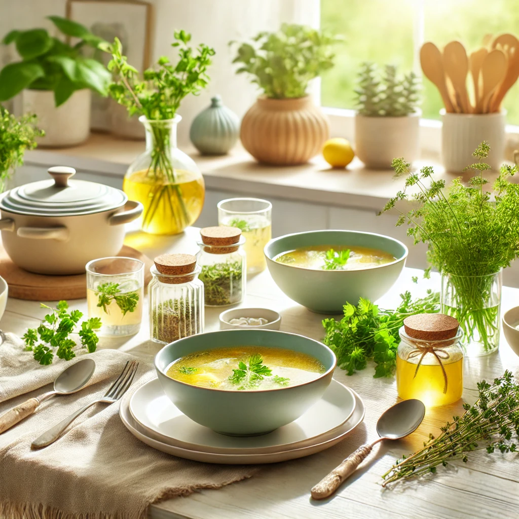 Jasne i przytulne zdjęcie stołu wypełnionego miskami z złocistym bulionem drobiowym i klarownym rosołem. Wokół widoczne świeże zioła, takie jak pietruszka i koperek, oraz dodatki w postaci chleba i warzyw. Idealne przedstawienie domowej atmosfery i tradycyjnych przepisów.