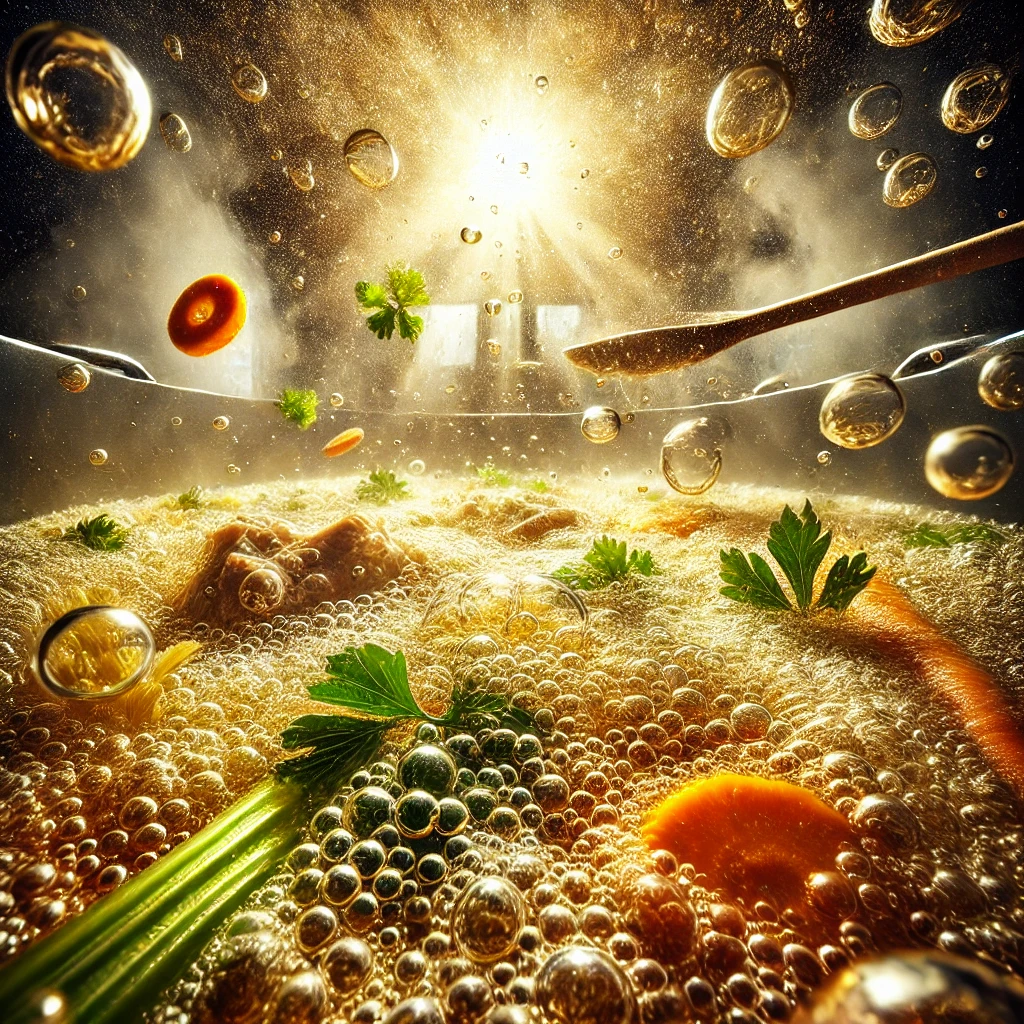 Dynamiczny widok z wnętrza garnka z gotującym się rosołem. Na obrazie widać złocisty bulion z bąbelkami, unoszące się składniki takie jak marchew, seler, pietruszka i kawałki kurczaka. Para i ruch bulionu podkreślają intensywny proces gotowania.